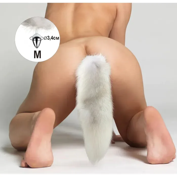 Металева анальна пробка Art of Sex White Fox з хвостом із натурального хутра розмір М — фото 5