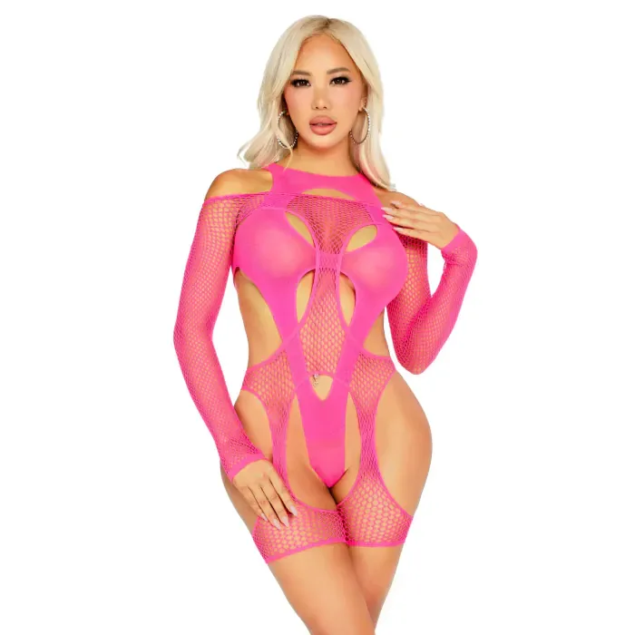 Бодістокінг Leg Avenue Fishnet Garter Harness and Teddy One Size Neon Pink — фото 4