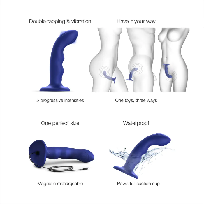 Насадка для страпона з подвійною точковою пульсацією Strap-On-Me Tapping Dildo Wave Night Blue М — фото 4
