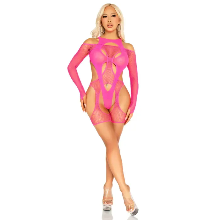Бодістокінг Leg Avenue Fishnet Garter Harness and Teddy One Size Neon Pink — фото 5