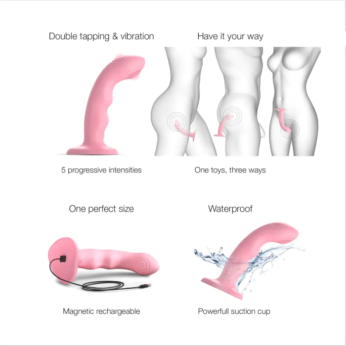 Насадка для страпона з подвійною точковою пульсацією Strap-On-Me Tapping Dildo Wave Coral Pink М — фото 4