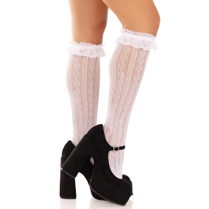 Шкарпетки ажурні з рюшами Leg Avenue Sweetheart Ruffle Cuff Knee Highs White — фото 2